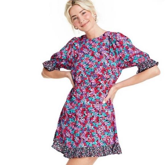 Rixo x Target Mixed Floral Puff Sleeve Dress 8 Pink Purple Teal Ruffle - Picture 1 of 11